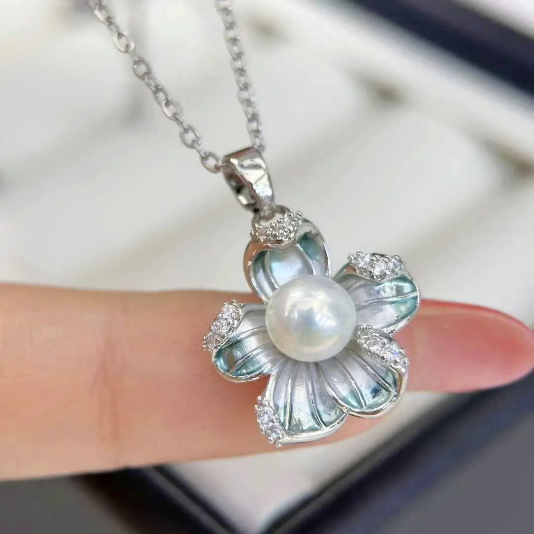 Natural Pearl Earrings S925 Silver Needle French Oil Dripping Begonia Flower - Image 7