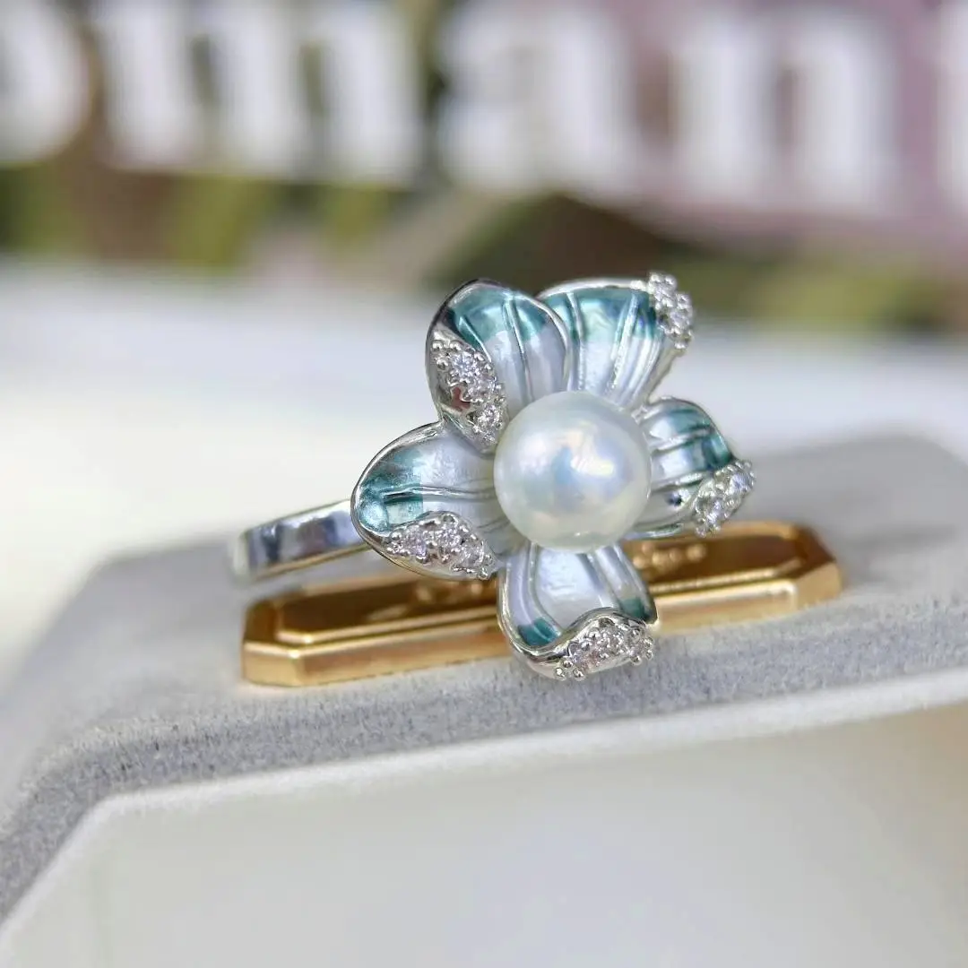 Natural Pearl Earrings S925 Silver Needle French Oil Dripping Begonia Flower - Image 8