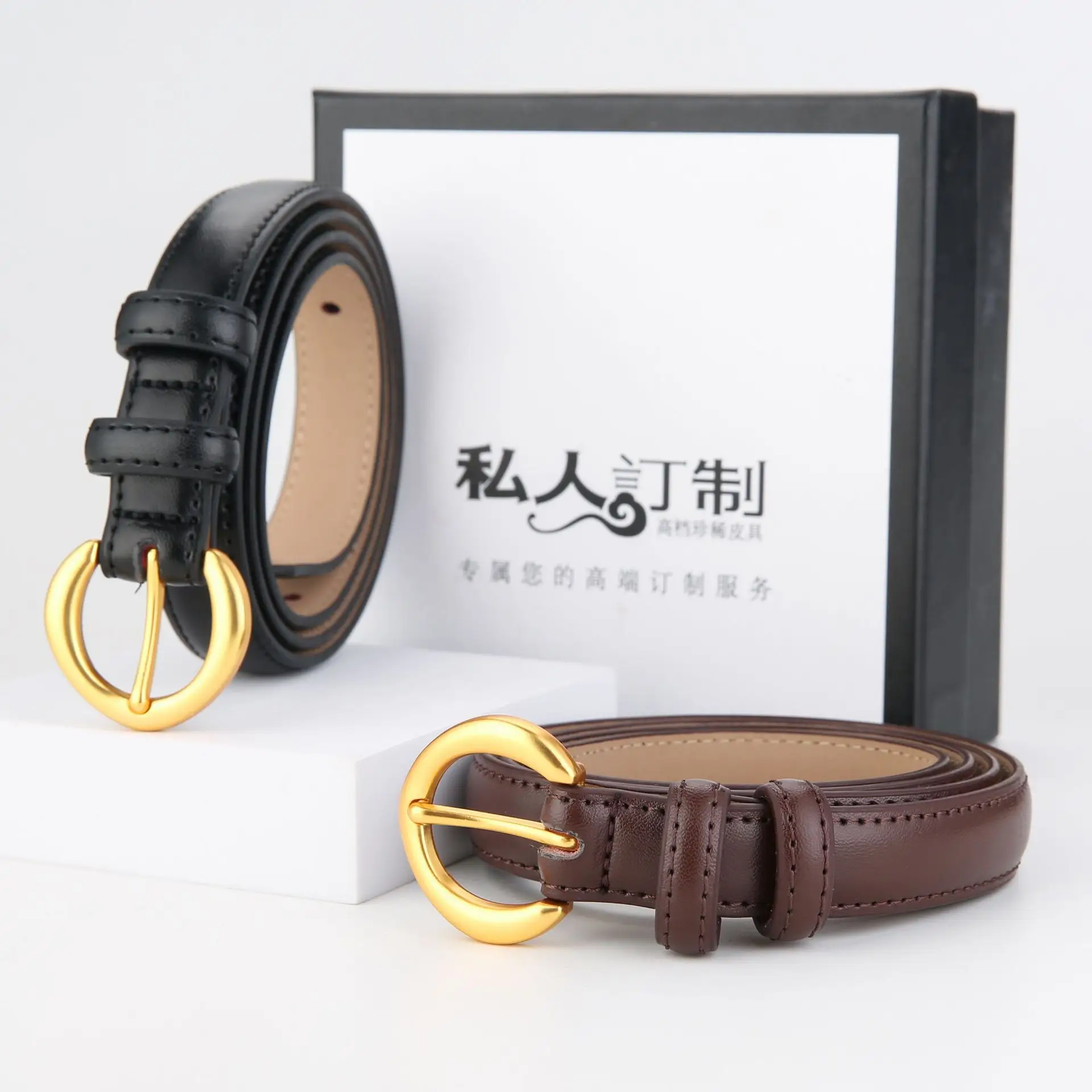 Genuine Leather Belt with Gold Ring for Men Women - Image 8
