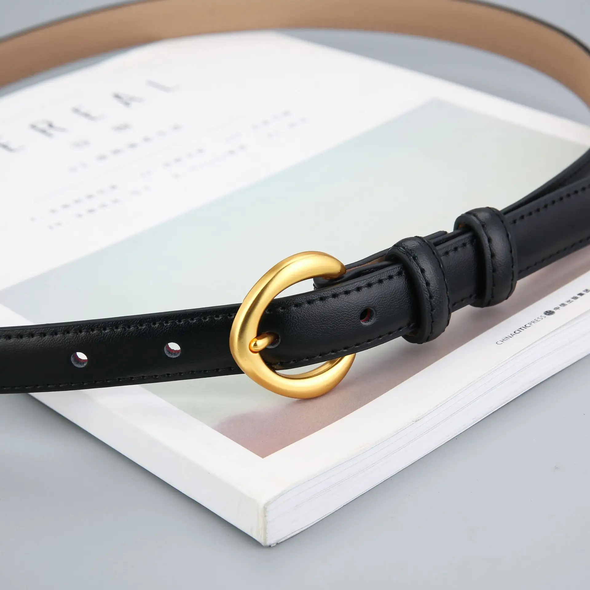 Genuine Leather Belt with Gold Ring for Men Women - Image 9