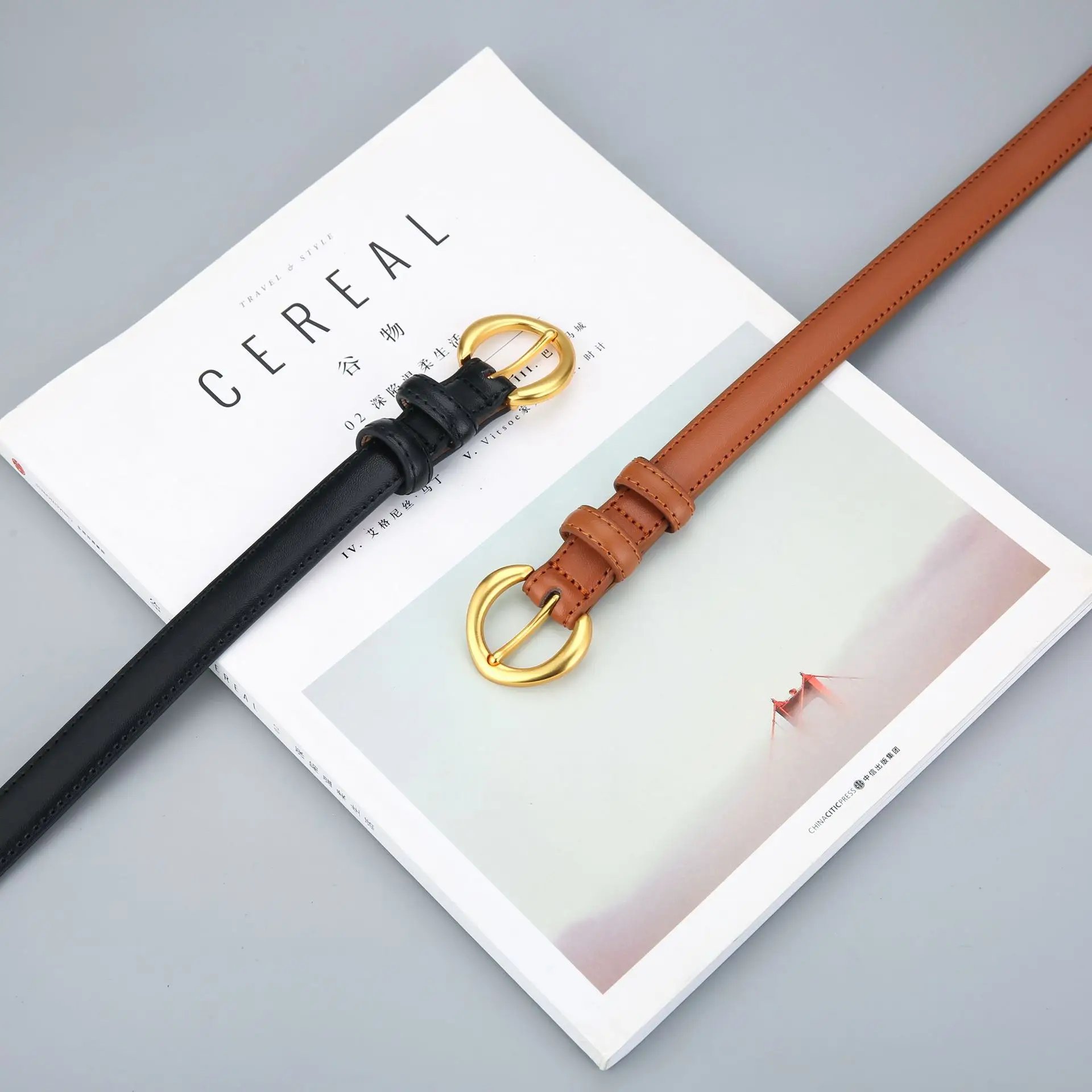 Genuine Leather Belt with Gold Ring for Men Women - Image 11