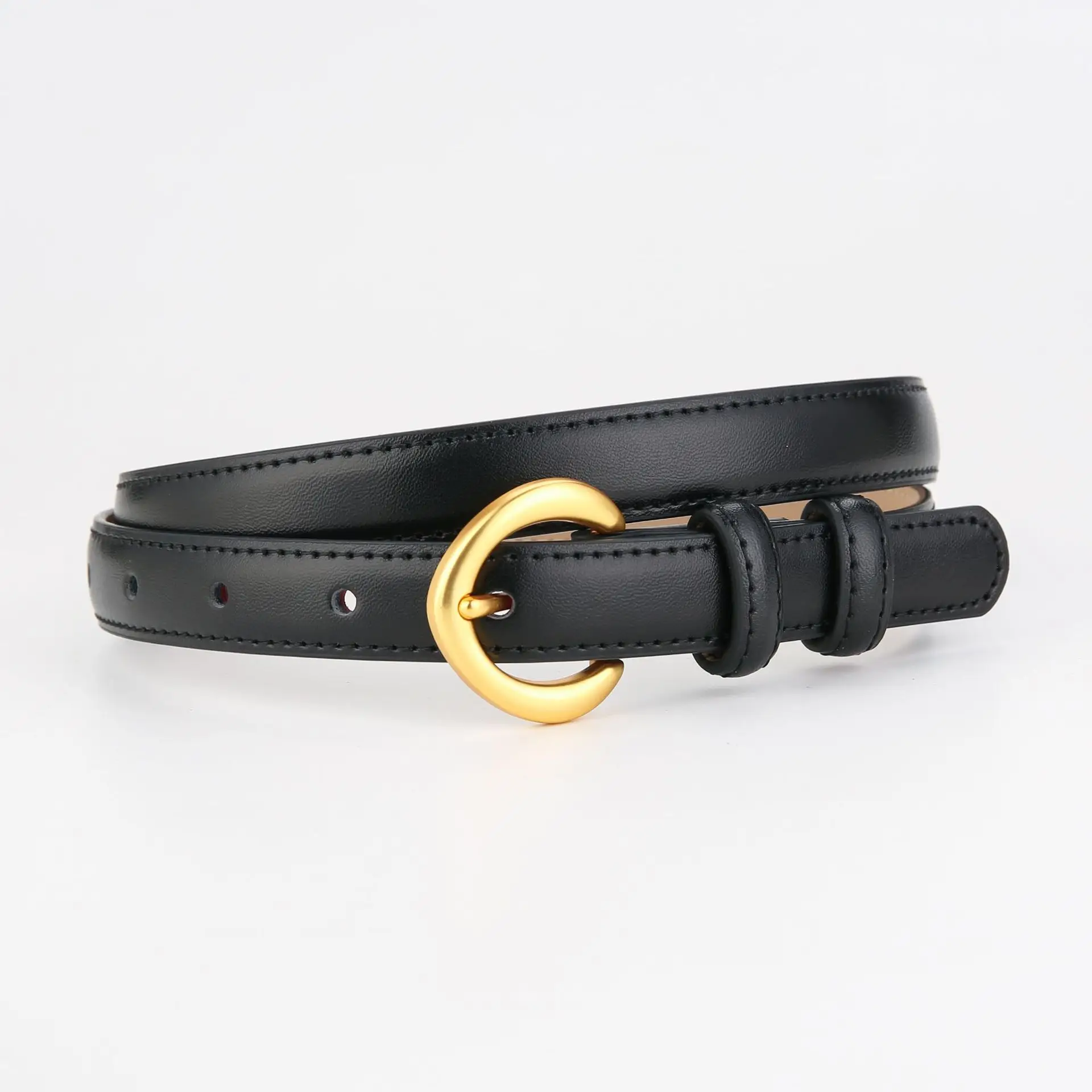 Genuine Leather Belt with Gold Ring for Men Women