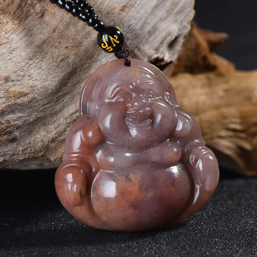 Xinjiang She Taicui Maitreya Buddha Pendant Natural Gold Silk Jade Chain - Image 2