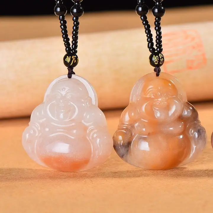 Xinjiang She Taicui Maitreya Buddha Pendant Natural Gold Silk Jade Chain - Image 3