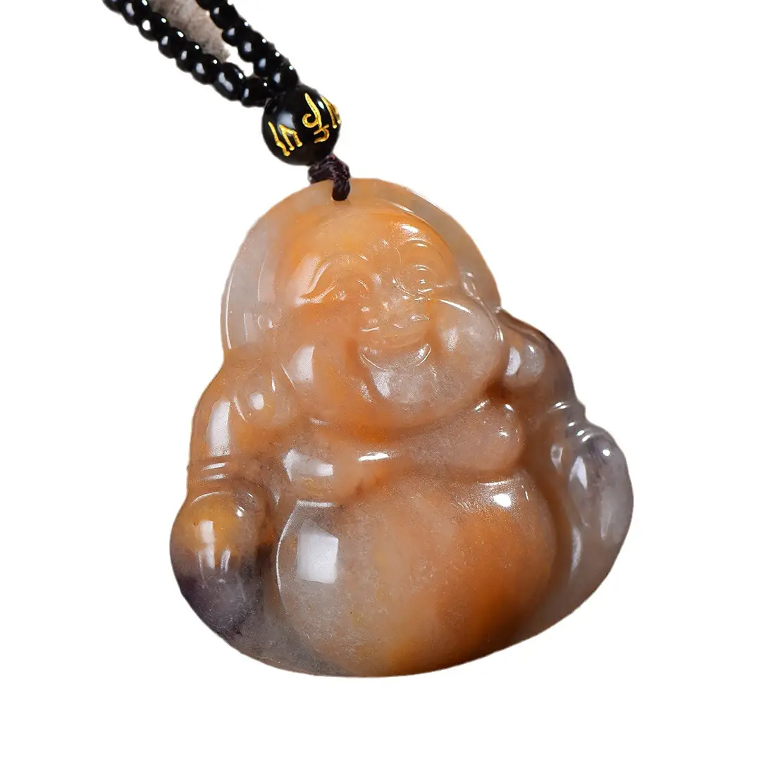 Xinjiang She Taicui Maitreya Buddha Pendant Natural Gold Silk Jade Chain - Image 5
