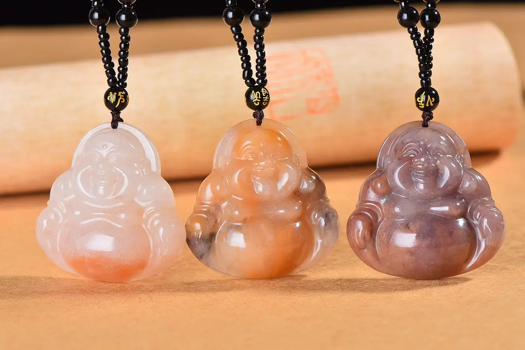 Xinjiang She Taicui Maitreya Buddha Pendant Natural Gold Silk Jade Chain — feature 2