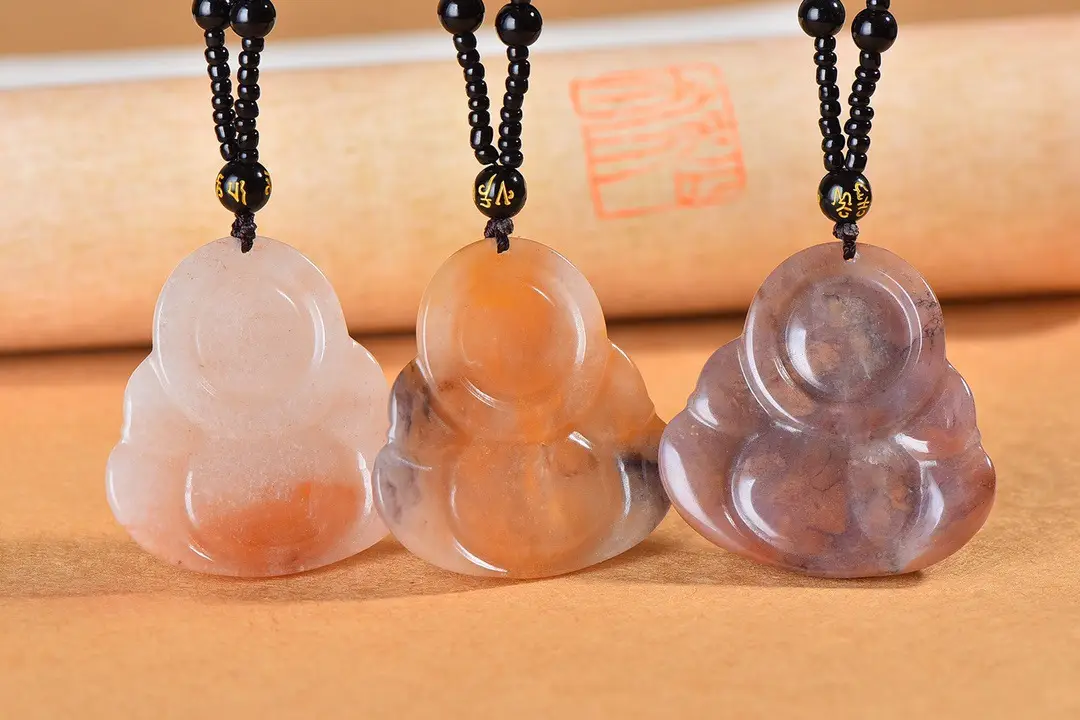 Xinjiang She Taicui Maitreya Buddha Pendant Natural Gold Silk Jade Chain — feature 3