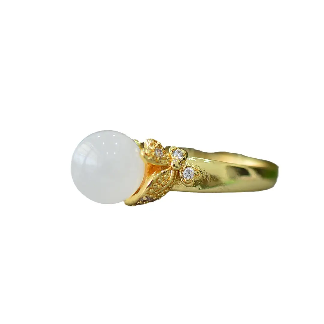 Antique Design Xinjiang Hetian Jade Small Bulb Ring 18K Set with White Jade Antique Hanfu All-match Women's Jade Ring - Image 5