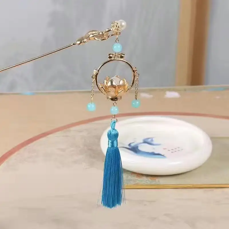Golden Lotus Lantern Blue Tassel (with light)