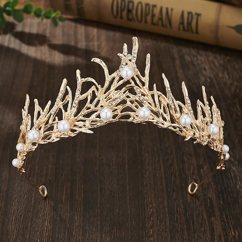 European Retro Bridal Crown Headdress with Pearl & Crystal