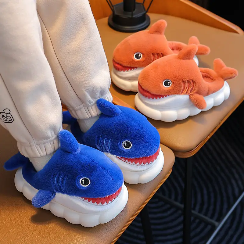 Children's Cotton Slippers for Boys, Winter Cartoon Shark Closed-Back Furry Shoes, Kids' Parent-Child Cotton Shoes for Toddlers and Young Children