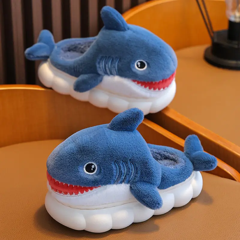 Children's Cotton Slippers for Boys, Winter Cartoon Shark Closed-Back Furry Shoes, Kids' Parent-Child Cotton Shoes for Toddlers and Young Children