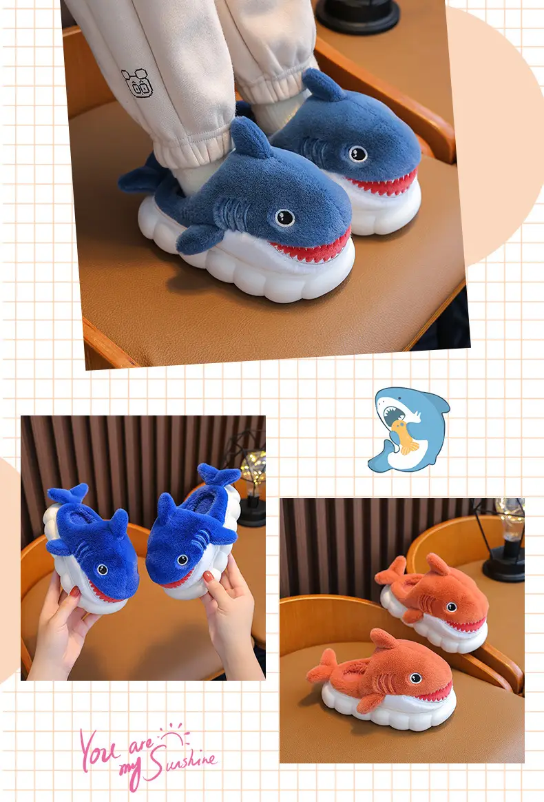 Children's Cotton Slippers for Boys, Winter Cartoon Shark Closed-Back Furry Shoes, Kids' Parent-Child Cotton Shoes for Toddlers and Young Children — feature 12
