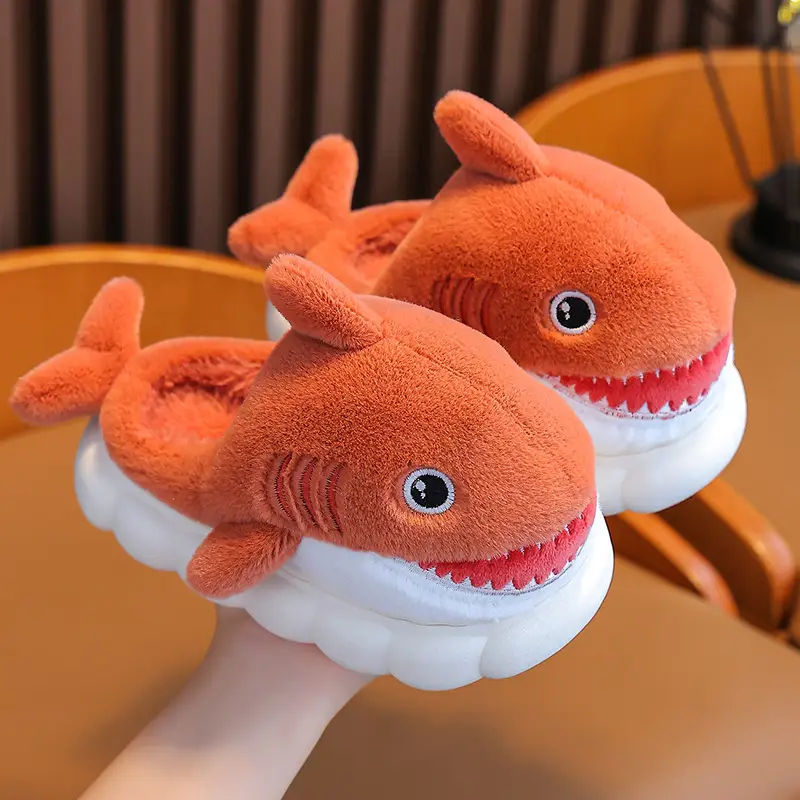 Children's Cotton Slippers for Boys, Winter Cartoon Shark Closed-Back Furry Shoes, Kids' Parent-Child Cotton Shoes for Toddlers and Young Children