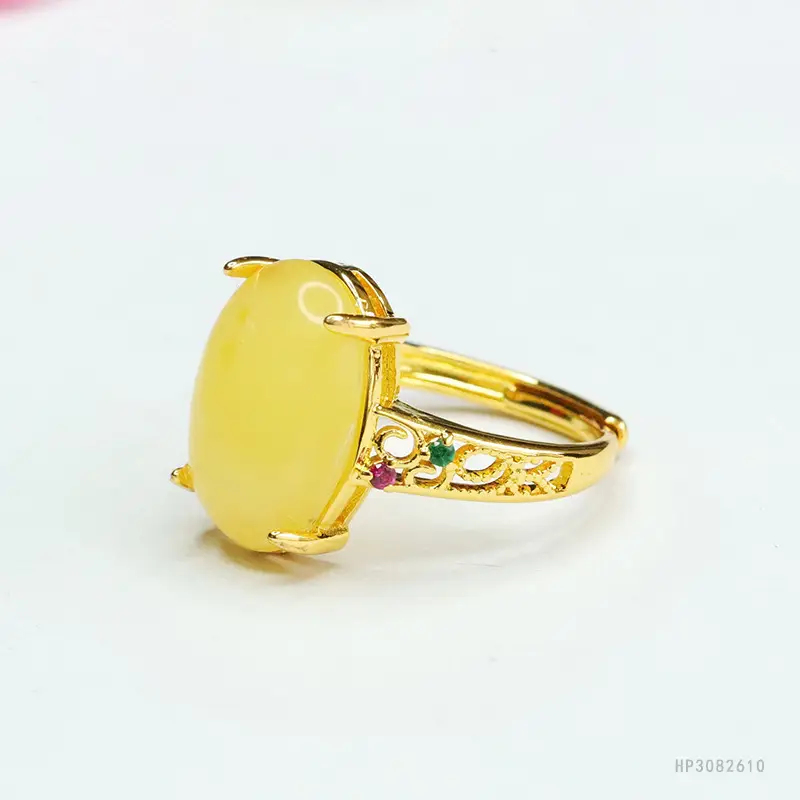Yellow Amber Ring with Red Gemstone for Women - Image 3