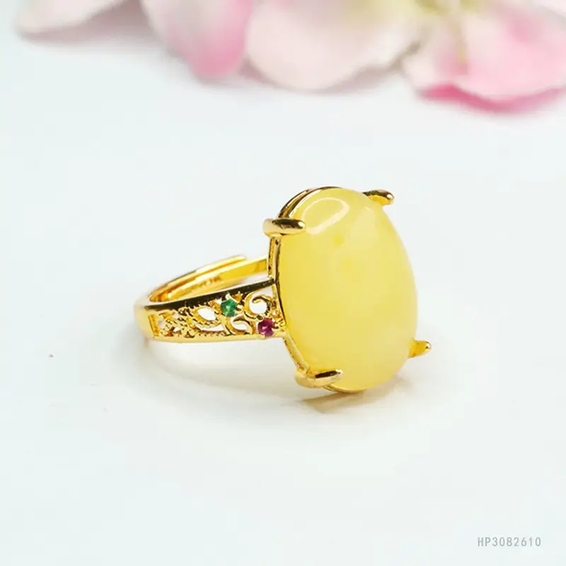 Yellow Amber Ring with Red Gemstone for Women - Image 4