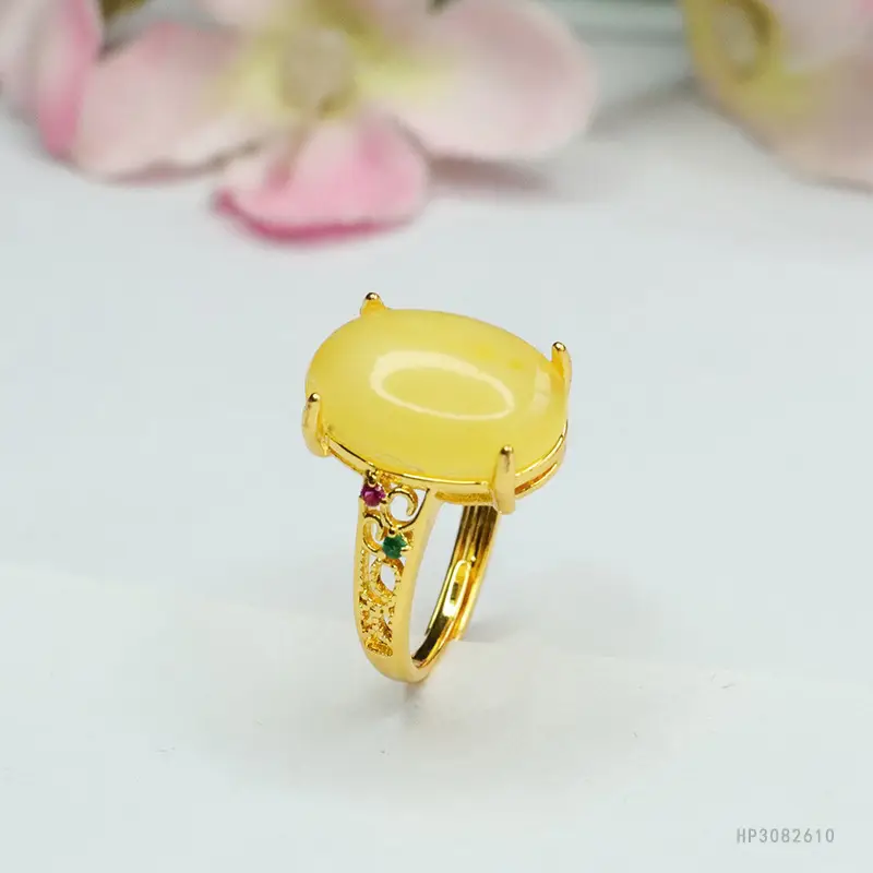 Yellow Amber Ring with Red Gemstone for Women - Image 5