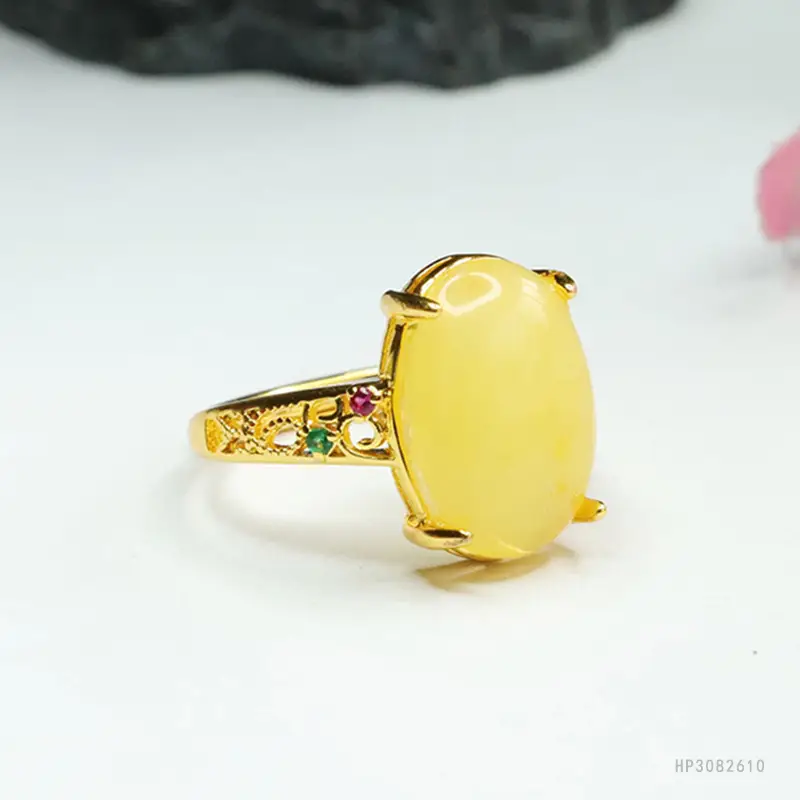 Yellow Amber Ring with Red Gemstone for Women — feature 11