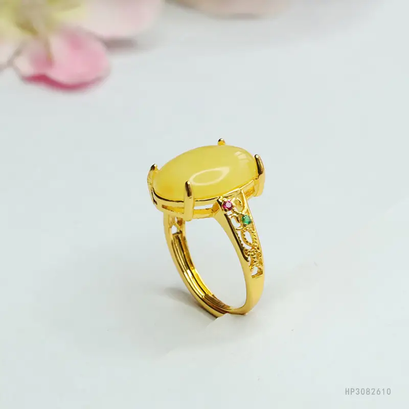 Yellow Amber Ring with Red Gemstone for Women — feature 8