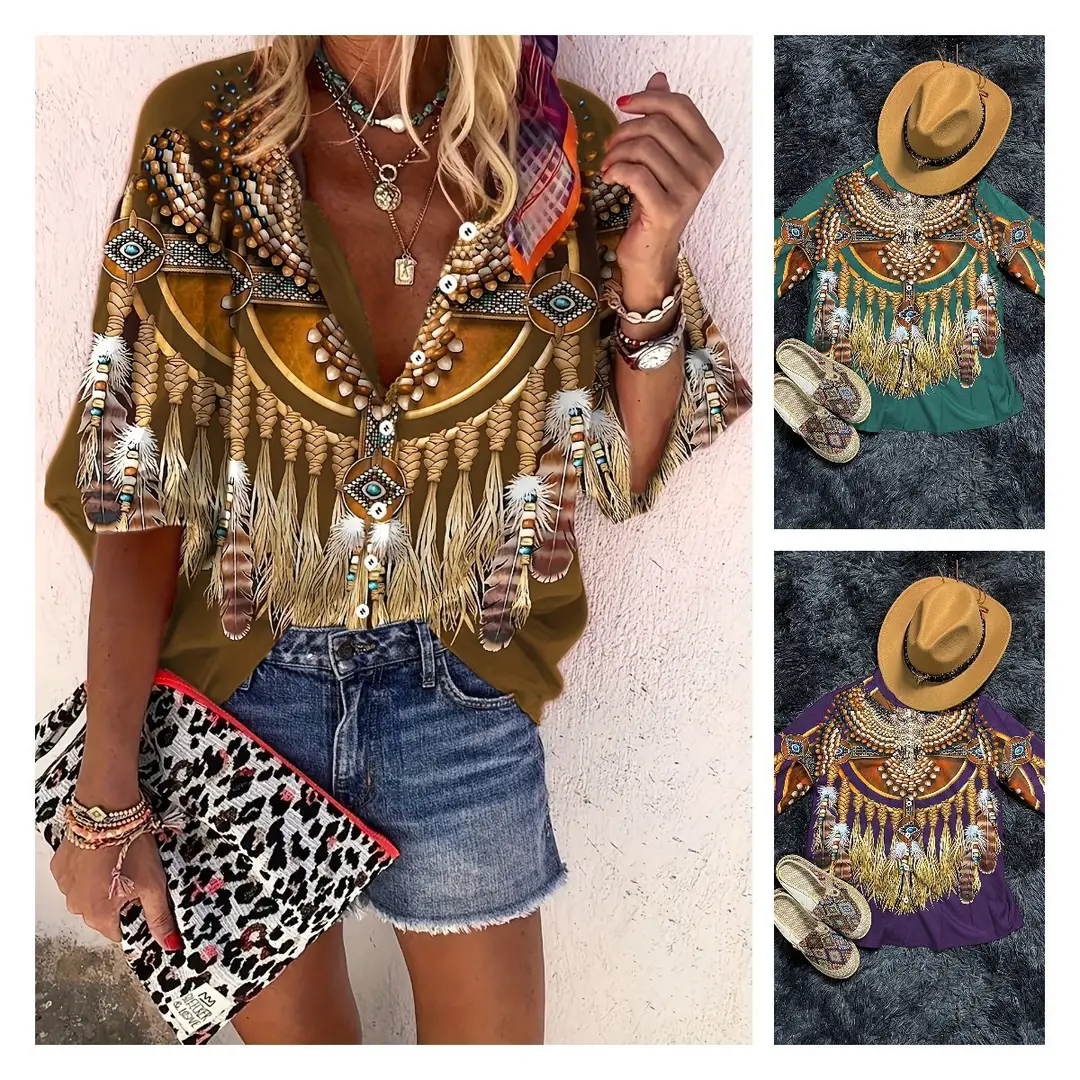 Cross-Border Hot-Selling Western Ethnic Style Top with Geometric Print, Three-Quarter Sleeves, Breathable Thin Vintage Inner Wear for Women