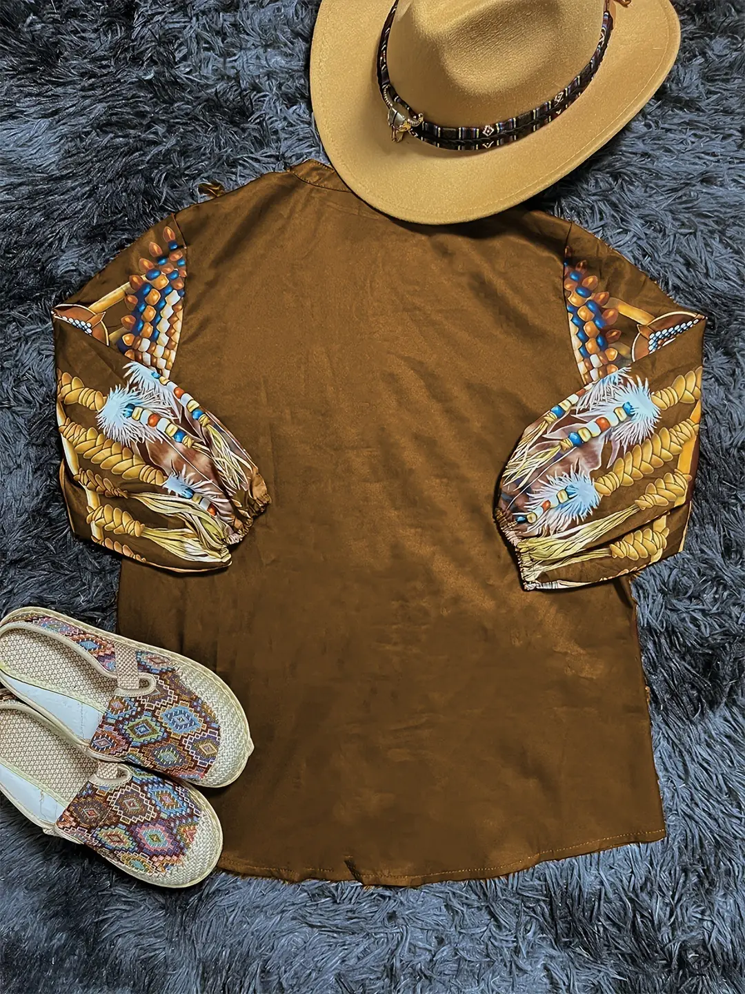 Cross-Border Hot-Selling Western Ethnic Style Top with Geometric Print, Three-Quarter Sleeves, Breathable Thin Vintage Inner Wear for Women