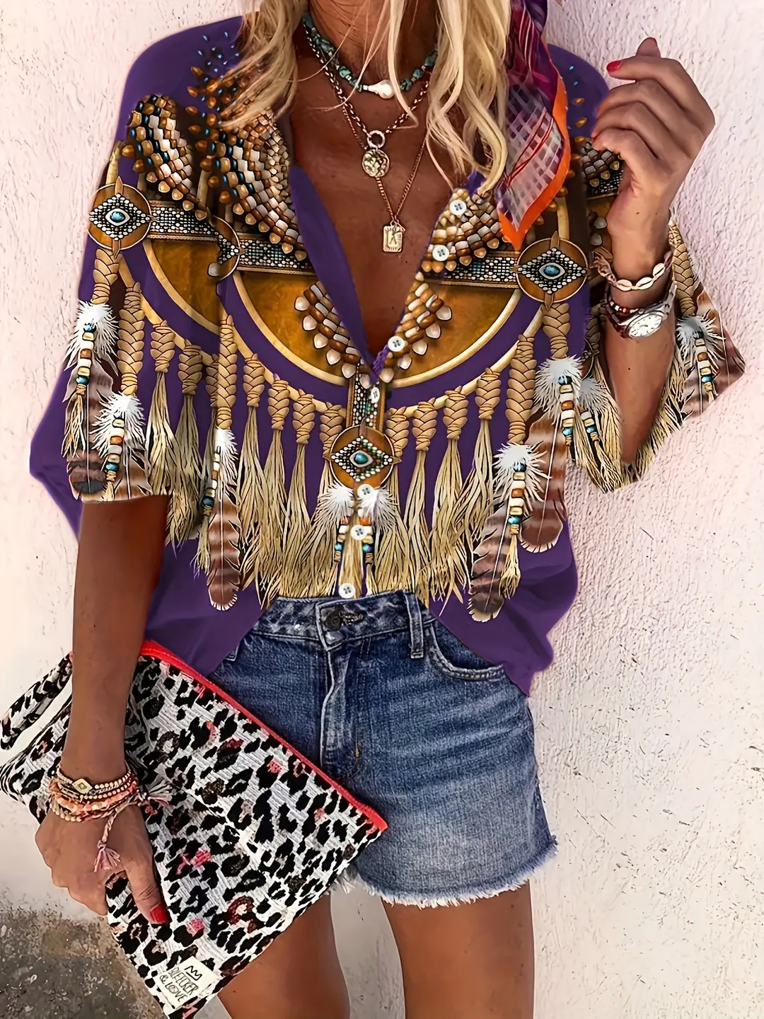 Cross-Border Hot-Selling Western Ethnic Style Top with Geometric Print, Three-Quarter Sleeves, Breathable Thin Vintage Inner Wear for Women