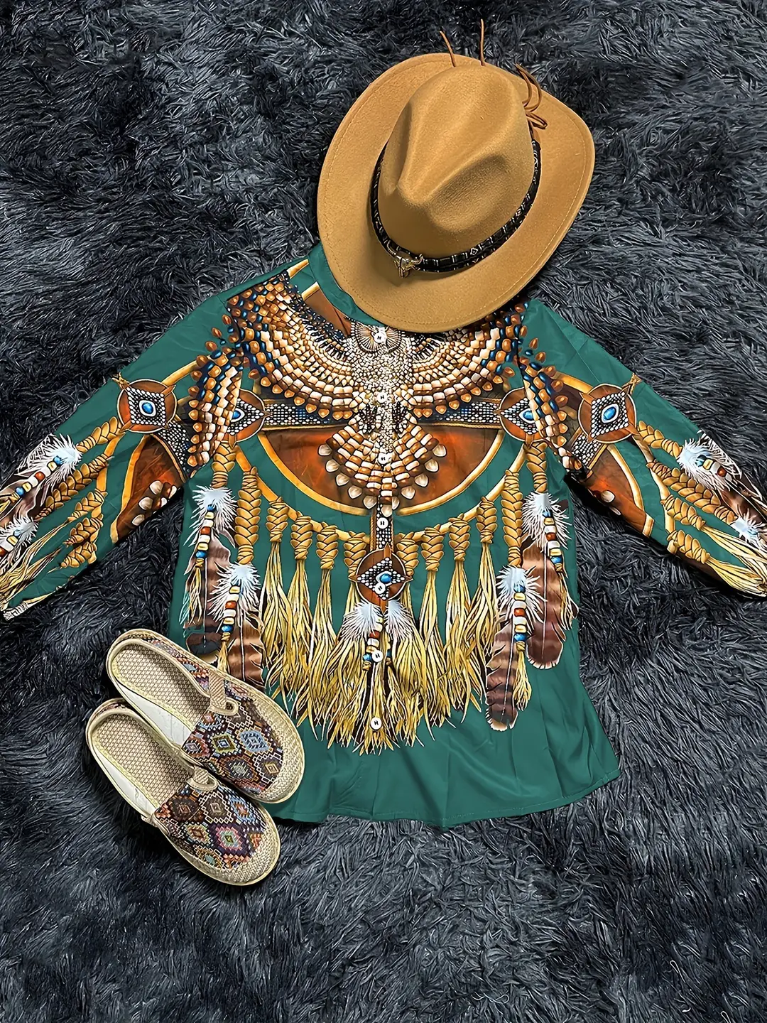 Cross-Border Hot-Selling Western Ethnic Style Top with Geometric Print, Three-Quarter Sleeves, Breathable Thin Vintage Inner Wear for Women