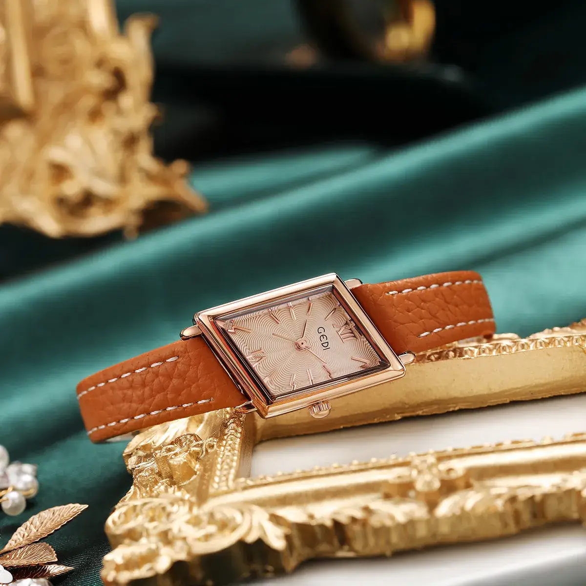 Women's Gold Quartz Watch with Leather Band