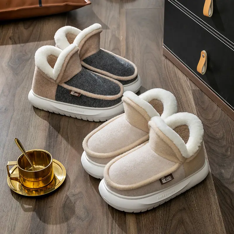 Winter High-Top Cotton Slippers for Women, Warm and Comfortable, with a Soft Cushioning Feel, Suitable for Indoor Use, Couples' Home Slippers, Non-Slip Thick Soles, High Heel, Comfortable for Outdoor Wear