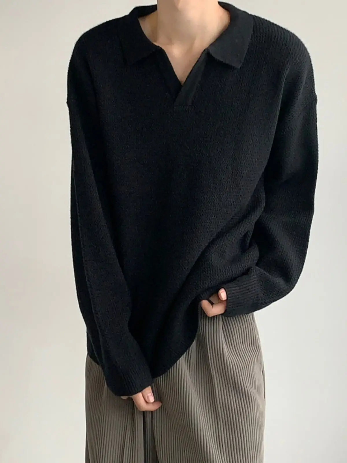 Men V-Neck Knitted Sweater Black Autumn Winter - Image 5