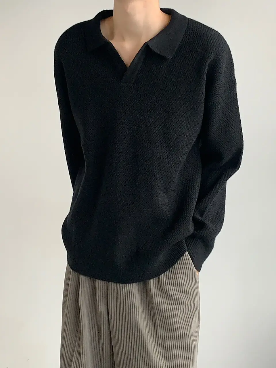 Men V-Neck Knitted Sweater Black Autumn Winter — feature 10