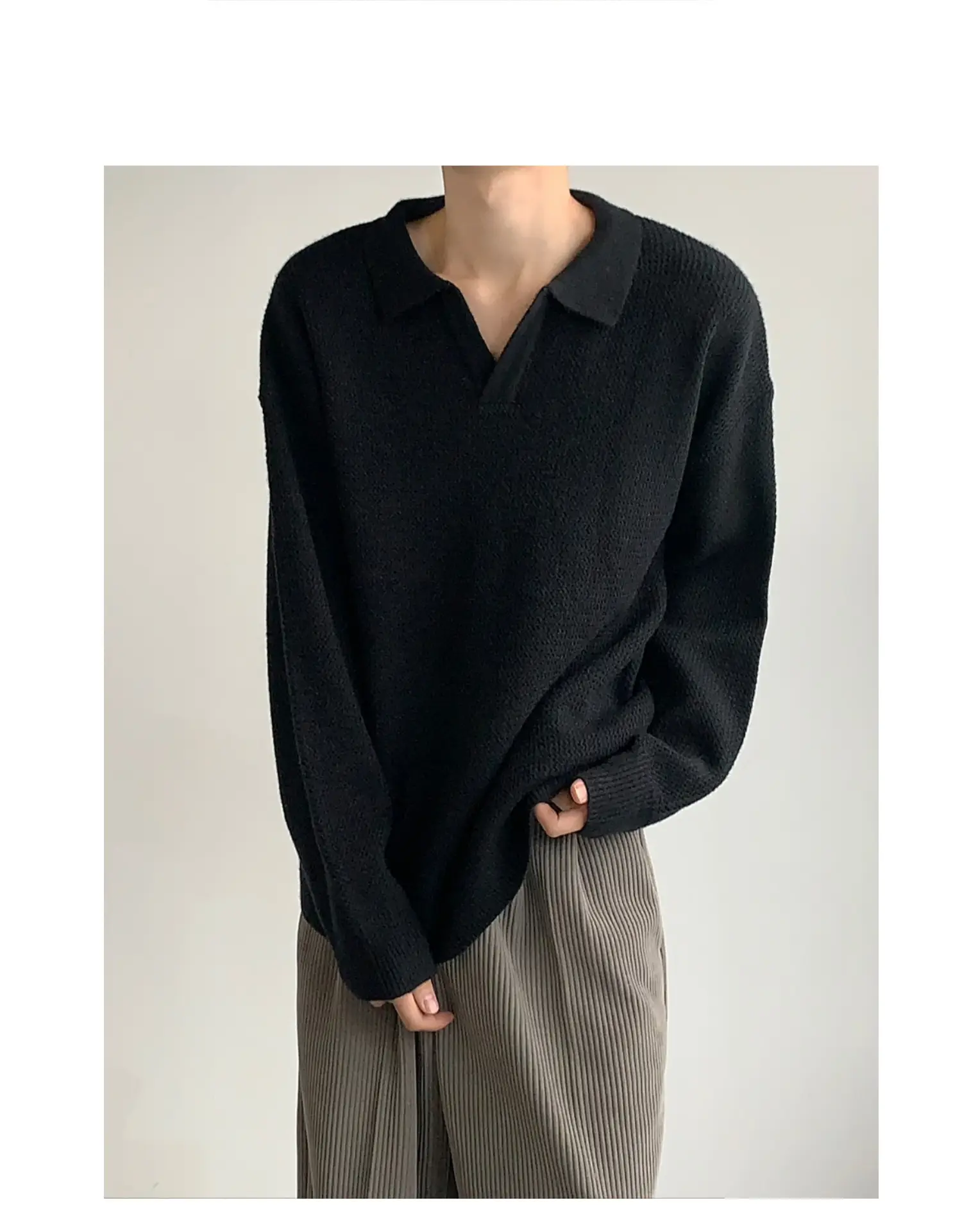 Men V-Neck Knitted Sweater Black Autumn Winter — feature 13
