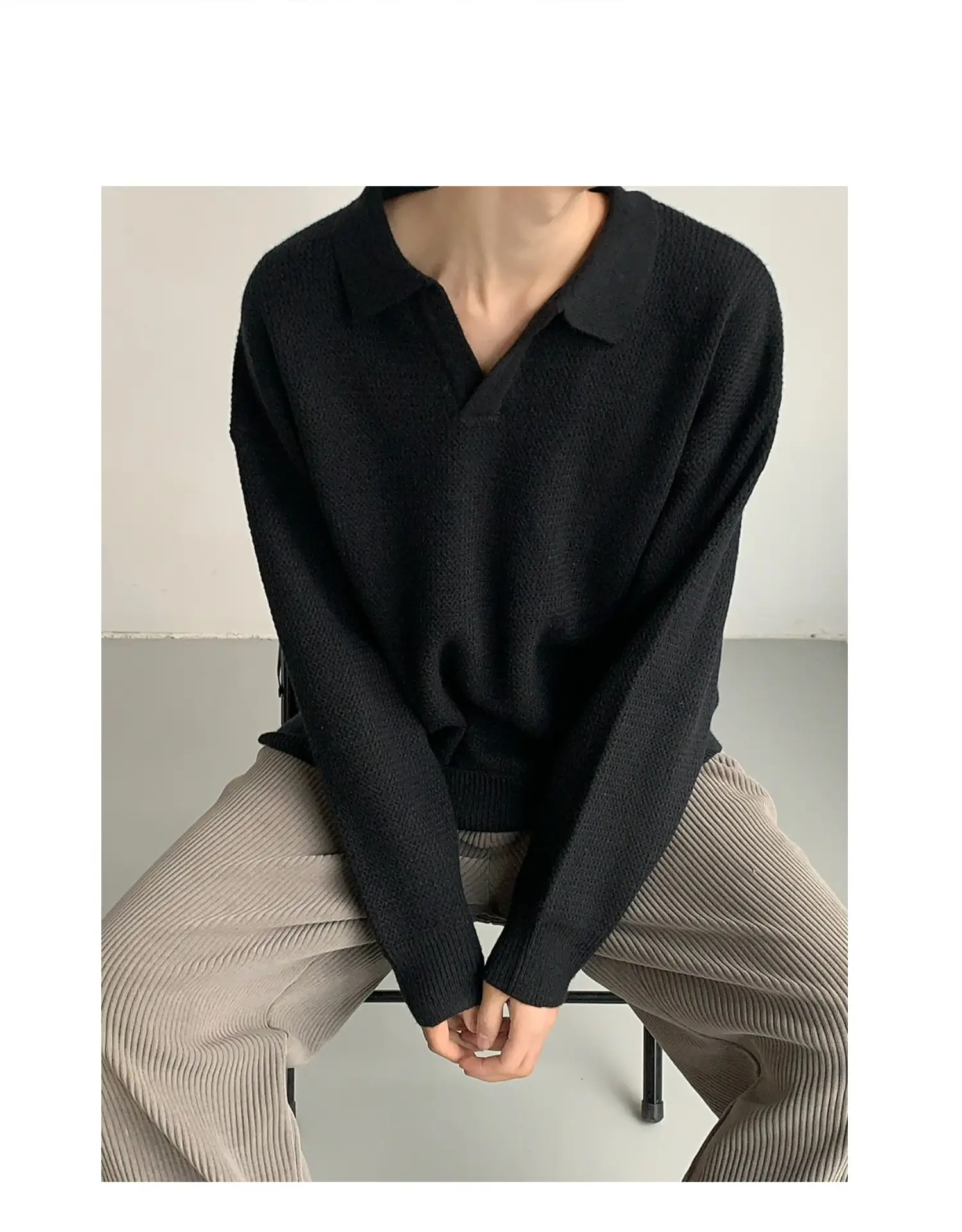 Men V-Neck Knitted Sweater Black Autumn Winter — feature 9