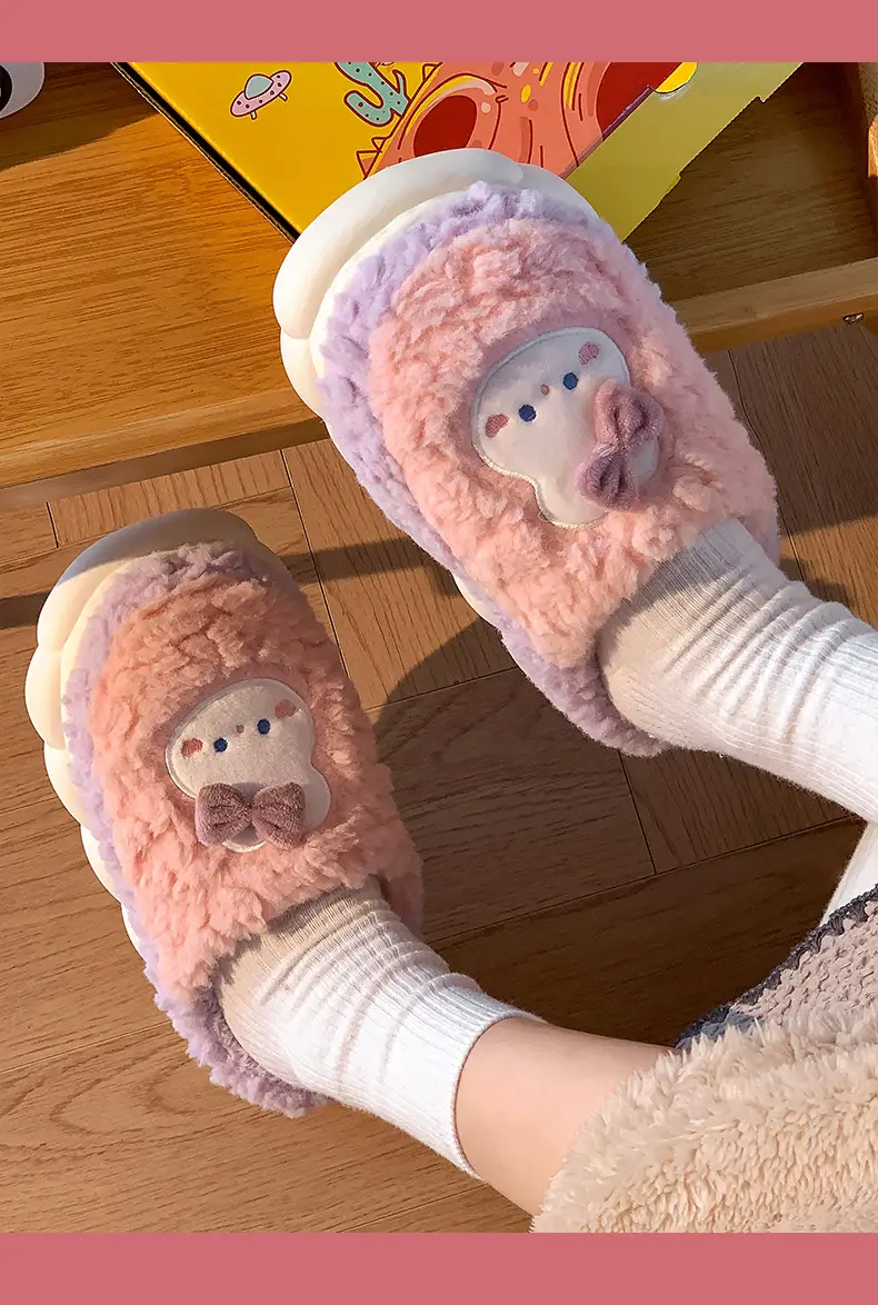 Men's and women's cotton slippers with drooping feeling can be worn outside in autumn and winter indoor home non-slip thick bottom warm plush slippers — feature 17