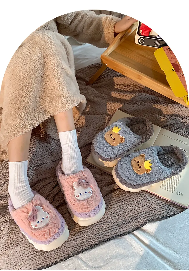 Men's and women's cotton slippers with drooping feeling can be worn outside in autumn and winter indoor home non-slip thick bottom warm plush slippers — feature 5