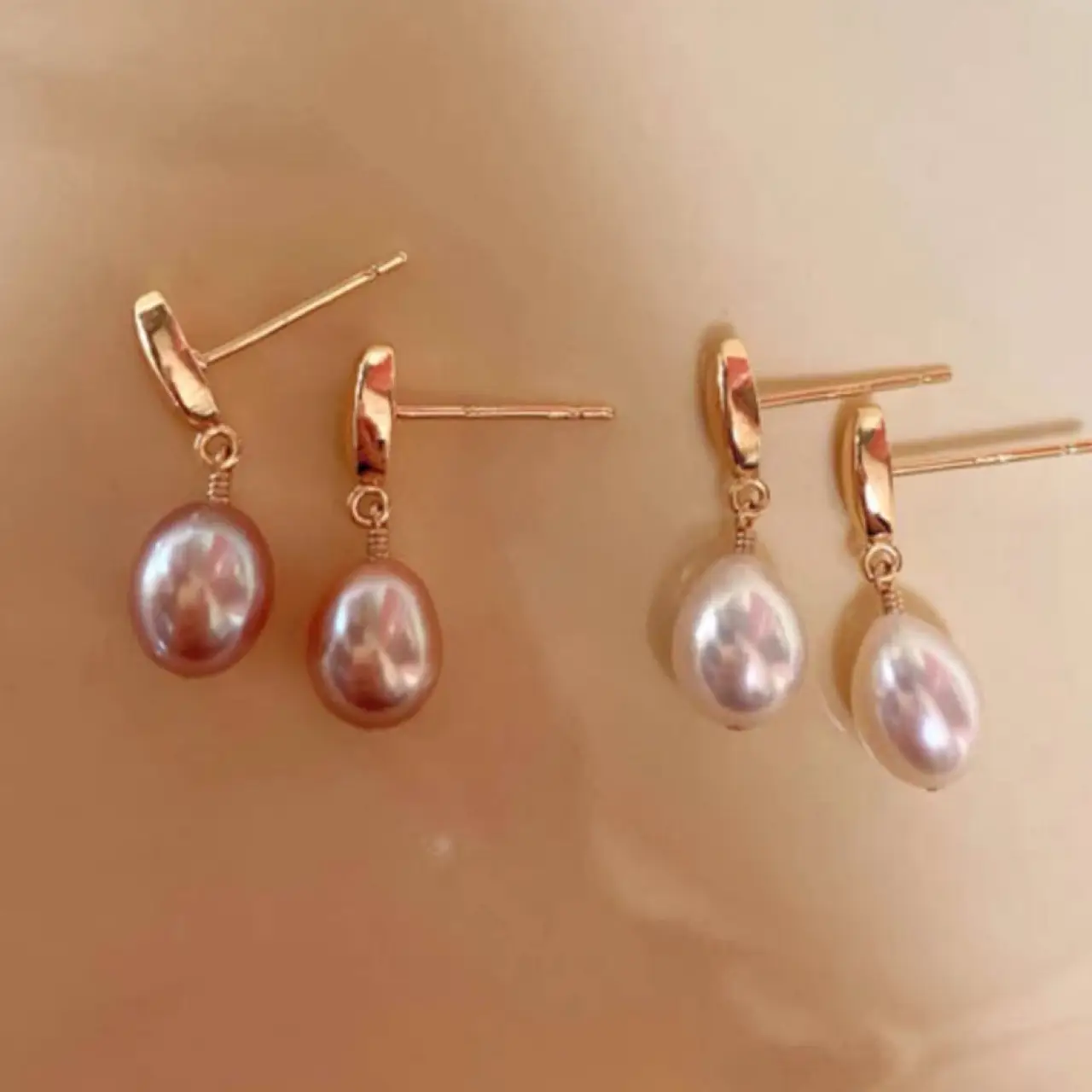 Pearl Earrings Small Rice Beads 14K Gold Plated - Image 2