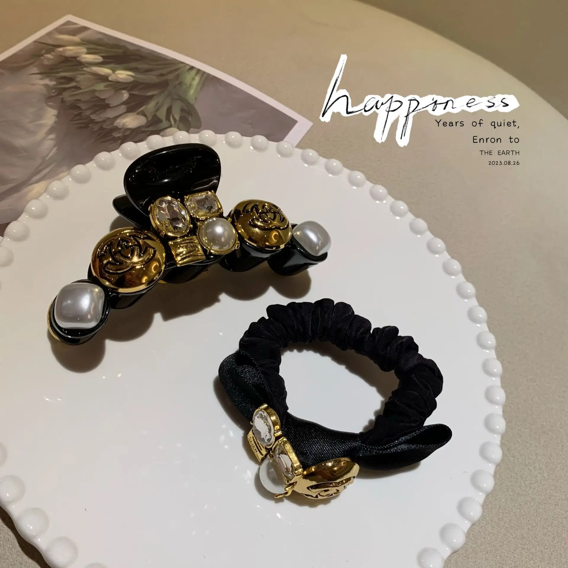 Black Baroque Hair Band with Pearl & Gold Accents - Image 2