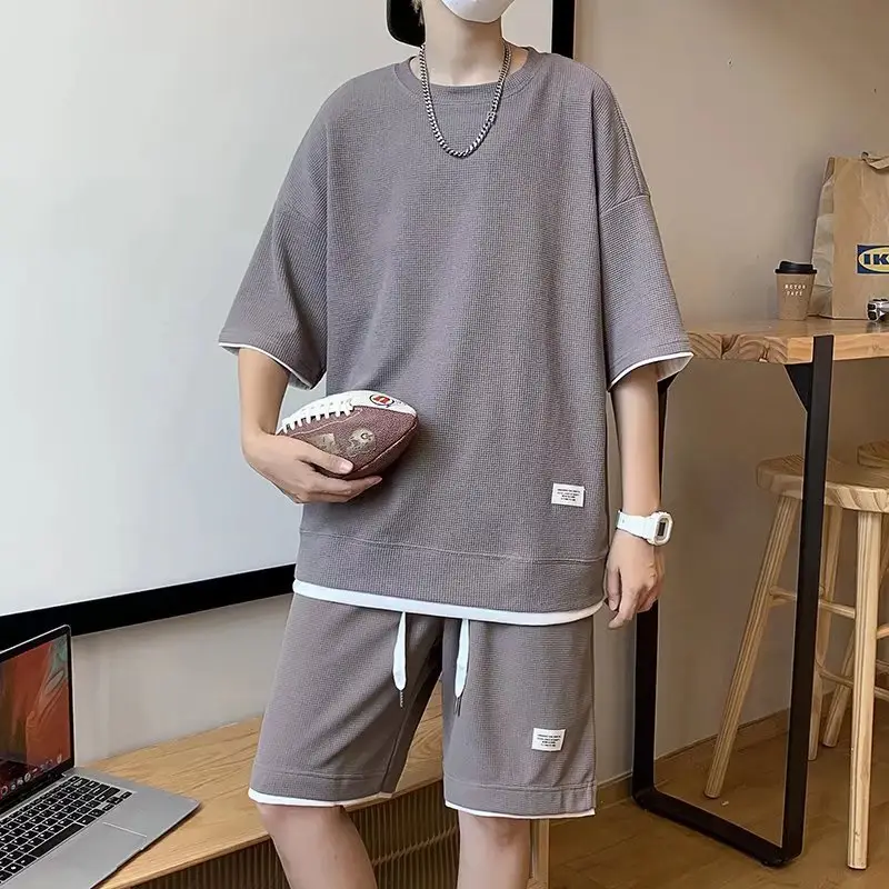 Orange Waffle Loose Sleeve Shorts Set for Men - Image 10