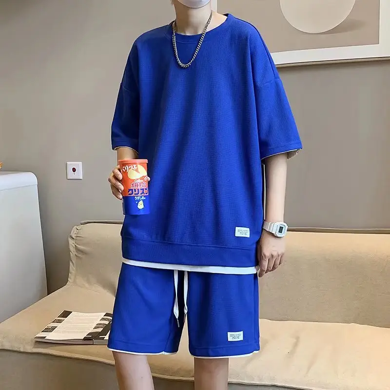 Orange Waffle Loose Sleeve Shorts Set for Men - Image 11
