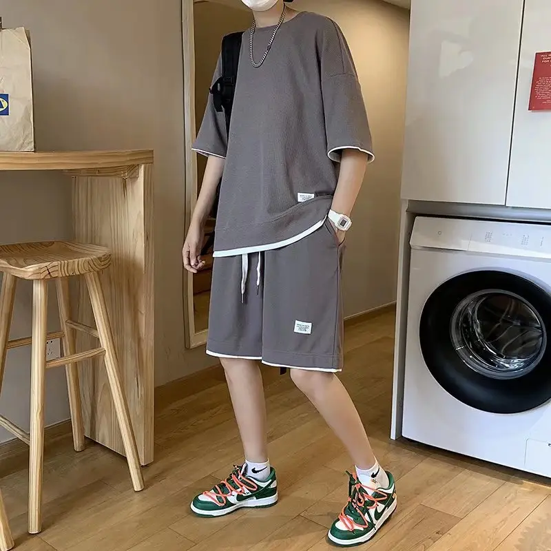 Orange Waffle Loose Sleeve Shorts Set for Men — feature 11