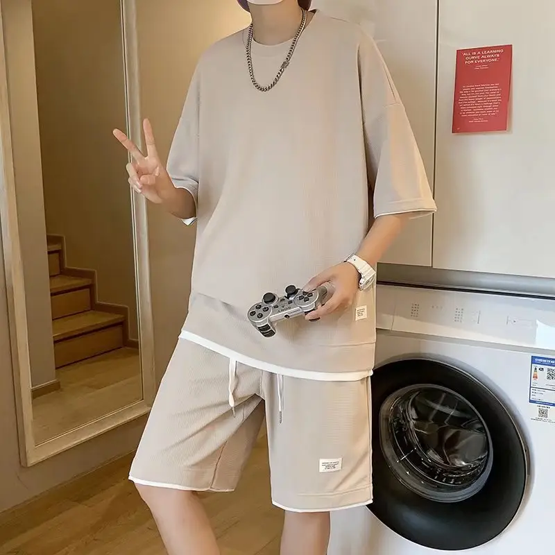 Orange Waffle Loose Sleeve Shorts Set for Men — feature 14