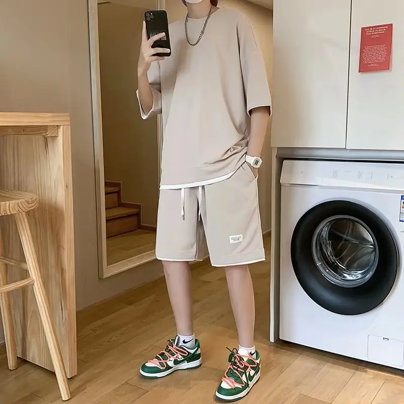 Orange Waffle Loose Sleeve Shorts Set for Men — feature 15