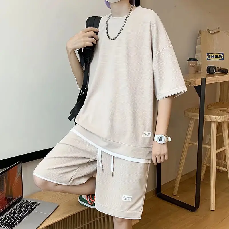 Orange Waffle Loose Sleeve Shorts Set for Men — feature 18