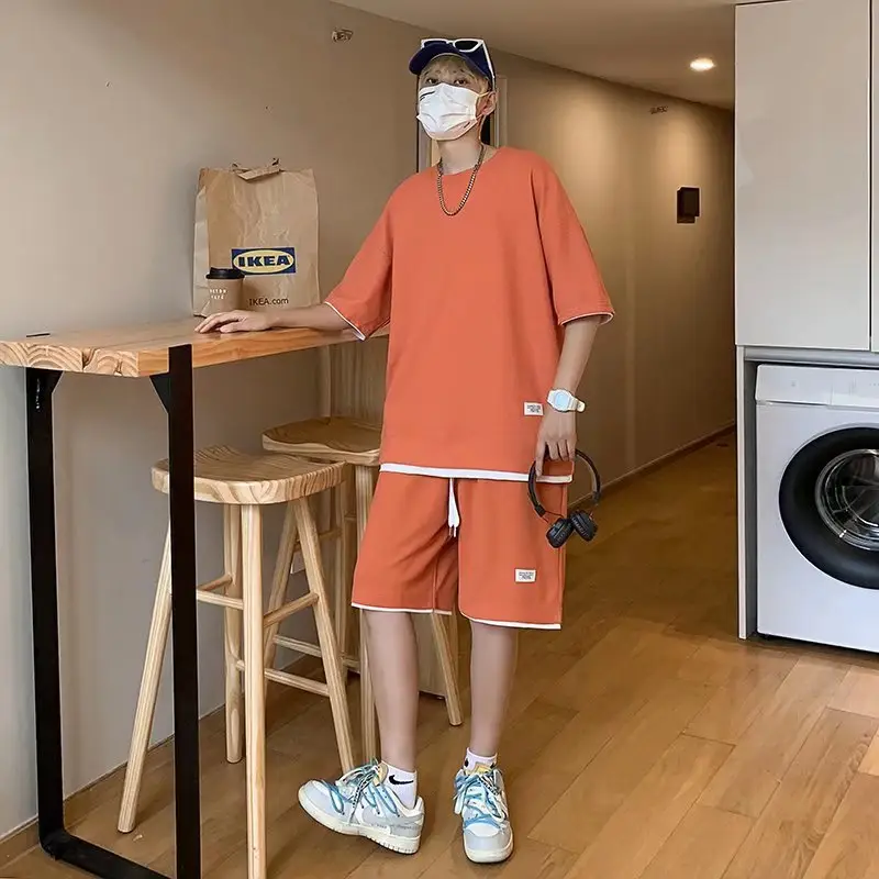 Orange Waffle Loose Sleeve Shorts Set for Men — feature 19