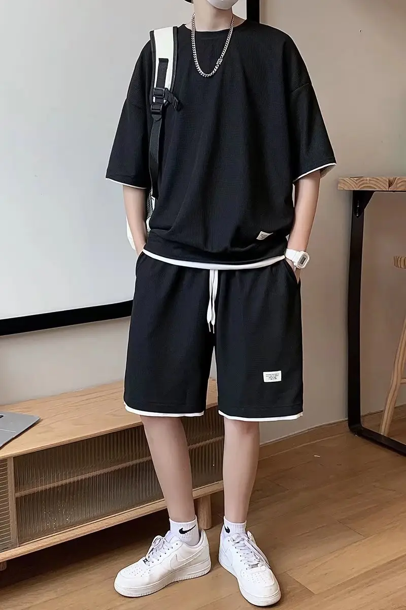 Orange Waffle Loose Sleeve Shorts Set for Men — feature 2