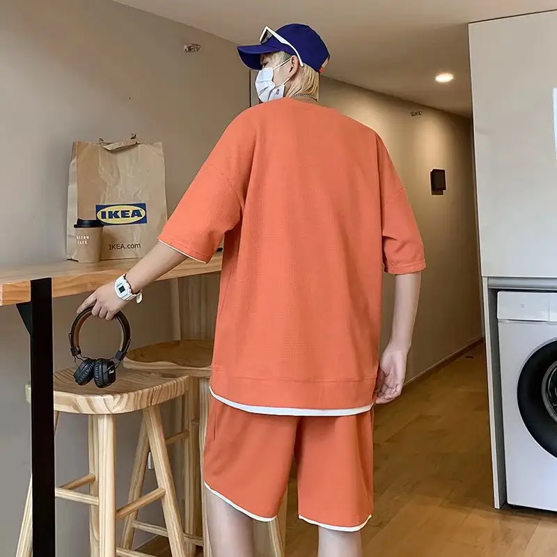 Orange Waffle Loose Sleeve Shorts Set for Men — feature 20