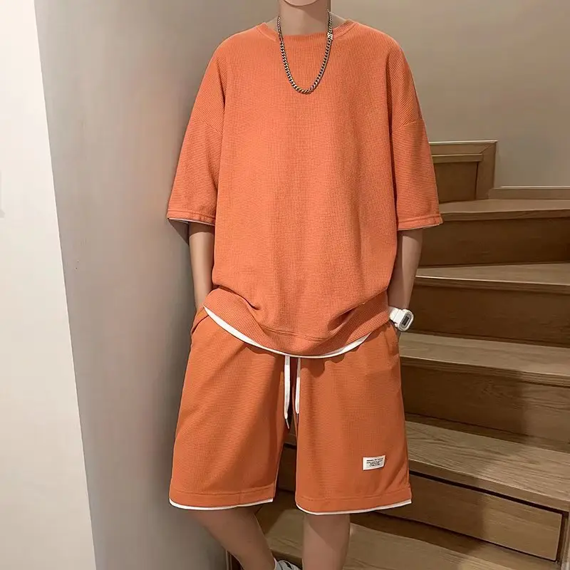 Orange Waffle Loose Sleeve Shorts Set for Men — feature 21