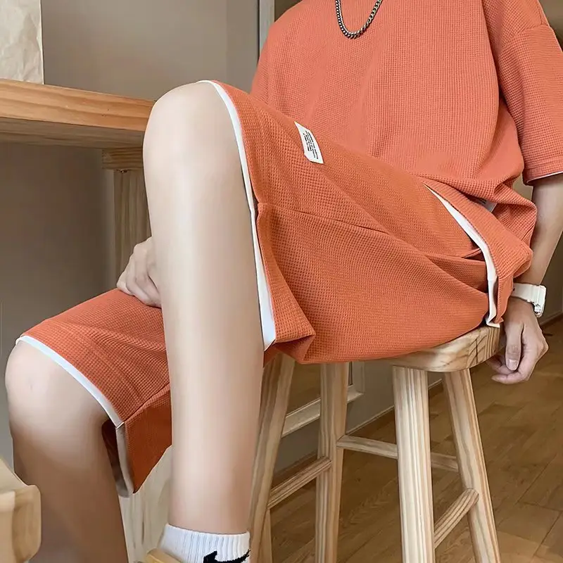 Orange Waffle Loose Sleeve Shorts Set for Men — feature 22