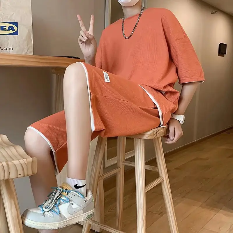 Orange Waffle Loose Sleeve Shorts Set for Men — feature 23