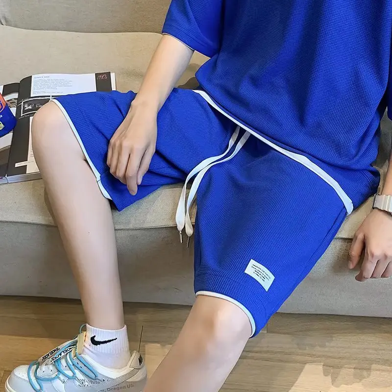 Orange Waffle Loose Sleeve Shorts Set for Men — feature 27